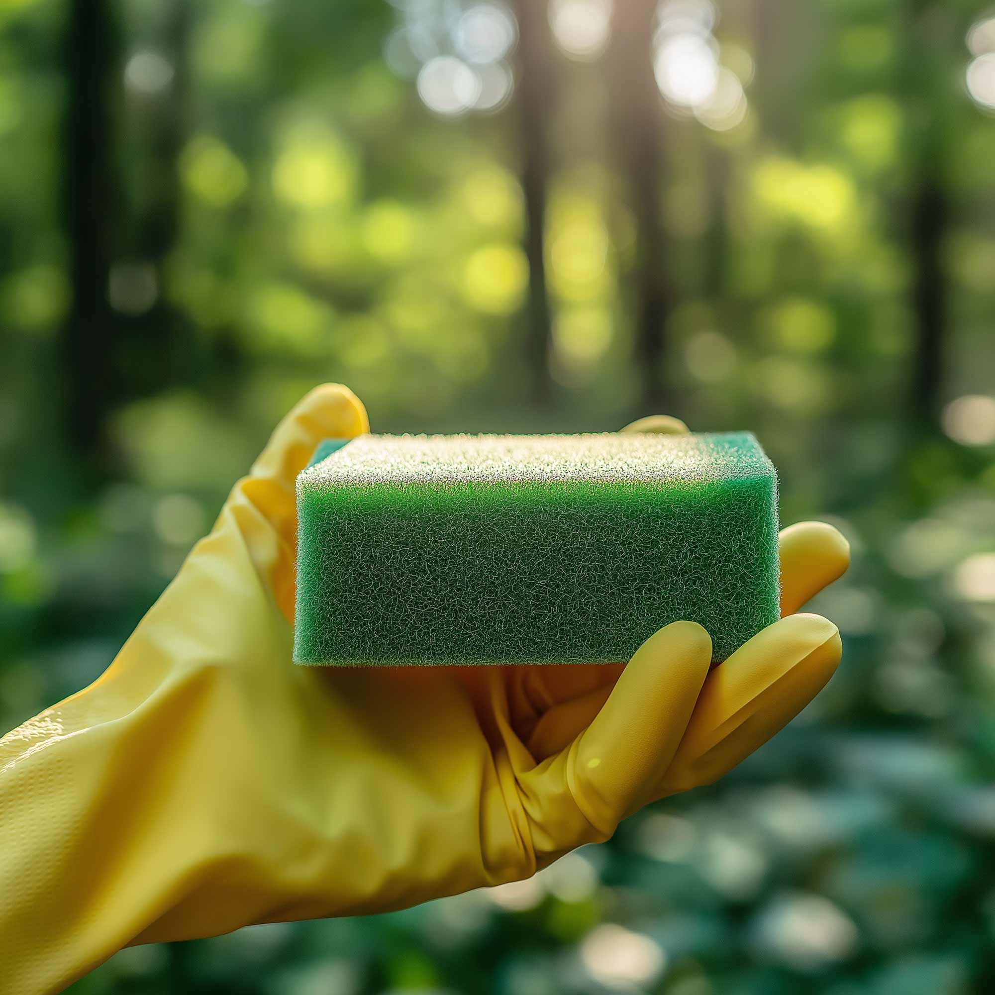 Gelber Handschuh mit grünem Schwamm